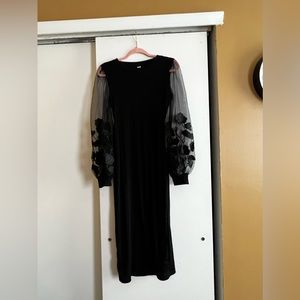 Size small stretchy black midi dress with sheer embroidered sleeves